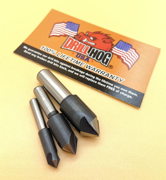 3 Pc Countersink Set 1/4", 3/8", 1/2" Reamer 3 Flute Cobalt 82° Drill Hog USA